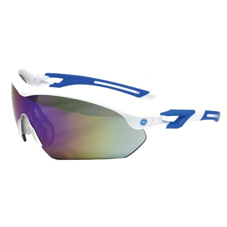 Safety Glasses, White/Blue Frame, Mirror Antifog Lens